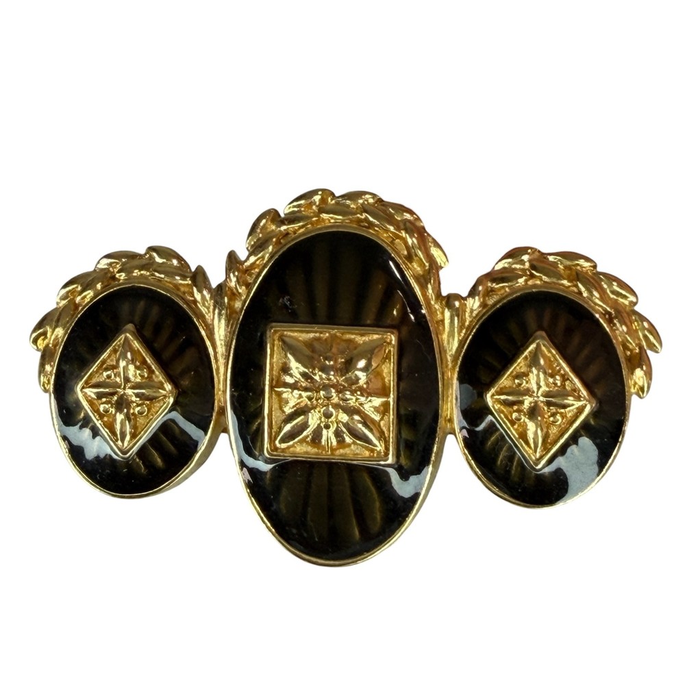 Monet Black Enamel and Gold Tone Three ovals bar Vintage Brooch Signed