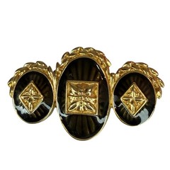 Monet Black Enamel and Gold Tone Three ovals bar Vintage Brooch Signed