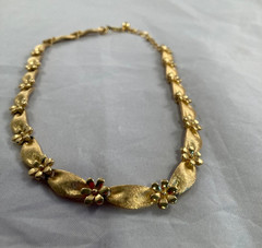 Vintage Crown Trifari Birthday necklace brushed gold tone ribbon flower 16″