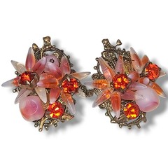 Vintage Opaline Glass Pink Orange Rhinestone Floral Cluster Clip On Earrings