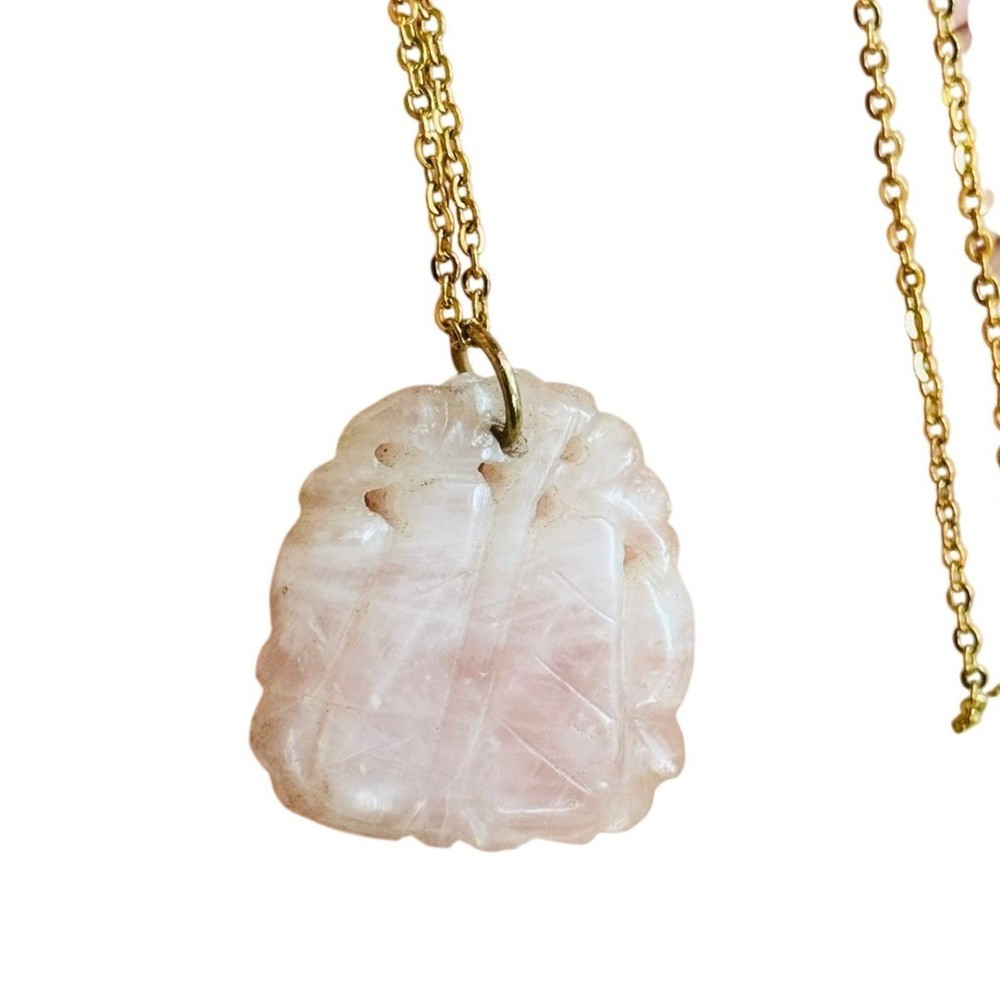 VTG Regal Rose Quartz Pendant necklace pink carved gold tone Statement 70s 20″
