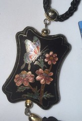 Vintage Cloisonné Enamel Pendant – Butterfly & Floral Design on Black – Gold…