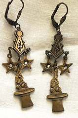Bronze-Toned Antique-Style Chandelier Dangle Earrings, Stars, Rabbit in Hat 2.5″