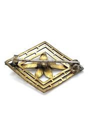 Antique Art Nouveau Brass Red Crystal Flower Openwork Brooch Pin