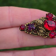 Antique Brooch Czech Glass Brass Filigree Pin Ruby Red Purple Czechoslovakia