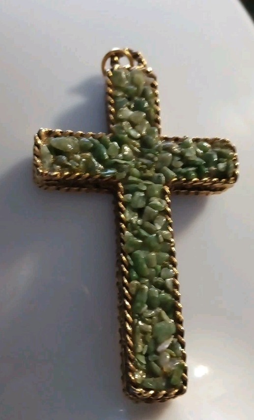 Vintage Large Cross 3″Pendant (Heavy) Braided Goldtone Jade Chipped Stone Cross
