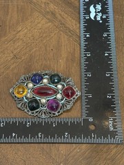 Vintage Czech? Multicolor Glass Cabochon Faux Pearl Brooch Pewter Tone Filigree!