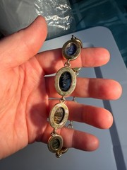 Vintage Multi Gemstone Egyptian Revival Scarab Link Bracelet Mid-Century Rainbow