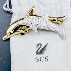 Vintage Swarovski Rhinestone Brooch Pin Dolphins Swan logo Preowned