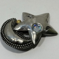 Vintage J.J Jonette Pewter Star Crescent Moon Pin Crystals Pierced Celestial 2″