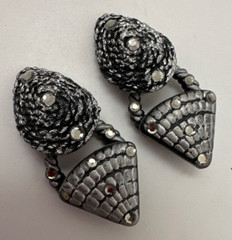 Vintage Jeff Lieb Clip Earrings Black/Silver/ Rhinestone One Of A Kind Handmade