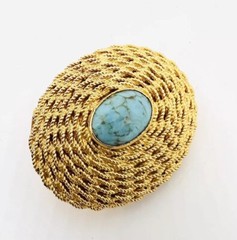 Italy Shiny Gold Plated Rope Twist Turquoise Glass Brooch Signed Vintage Jewelry