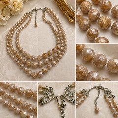 Vintage Champagne Thermoset Lucite Bead Necklace 3 Strand Graduated MCM 21 In