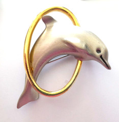 Vintage 1980’s FAF FaFard Pewter & 18K Gold Plated 2″ Jumping Dolphin Brooch Pin