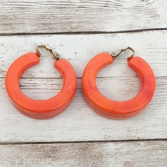 Vintage Clip On Earrings Large & Chunky Orange Hoops Stamped Hong Kong