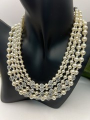 Multiple Strand Faux Pearl & Crystal Necklace Japan 16” Vintage