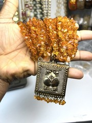 Vintage Amber Tone Glass Chip Multi Strand Necklace Artisan Pendant Heavy 9oz