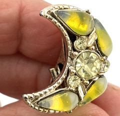 Vintage Sweater Guard Clip Crescent Moon Yellow Glass Teardrop Cabochons
