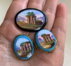 Victorian Grand Tour Opaline Glass Gold Filled Micro Scene Jewelry Medallions
