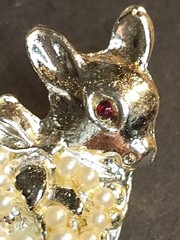 Vintage Deer Brooch Seed Pearls Silver Tone Red Crystal Eye