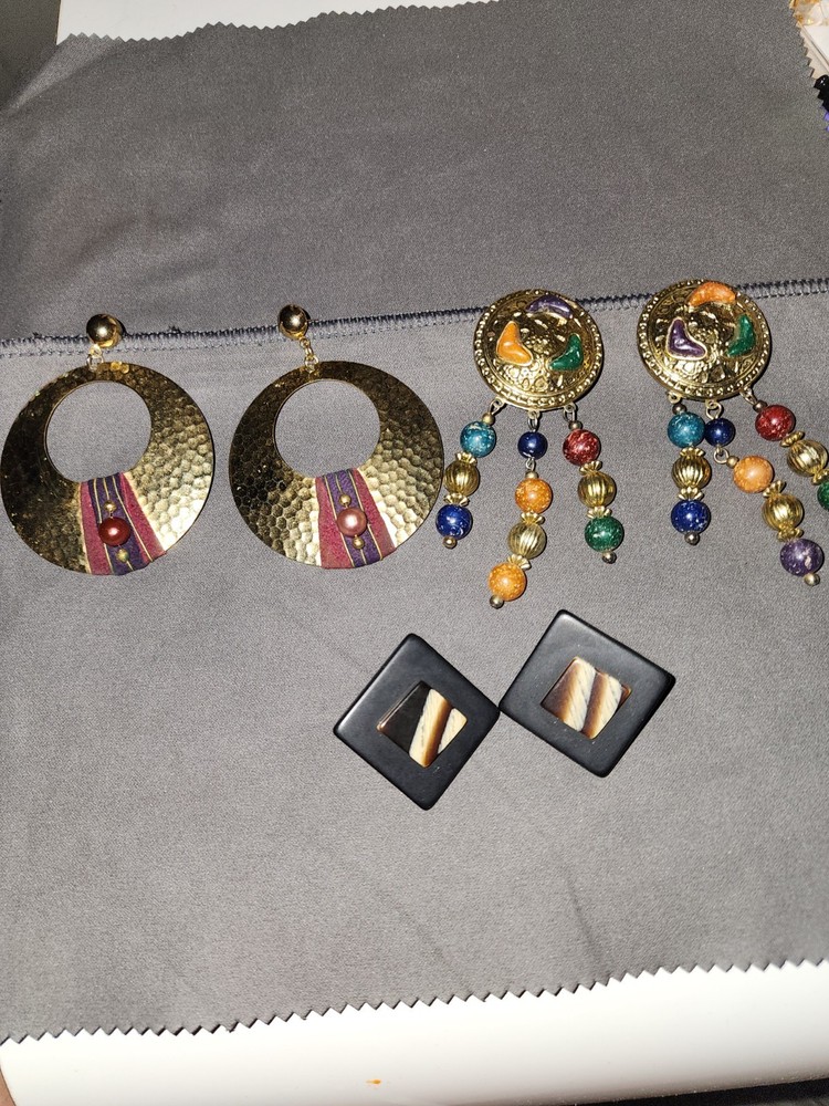 Lot of 3 Women’s Fashion Earrings: Gold Dangle, Multicolor, Black Stud