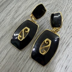 Vintage Earrings EDGAR BEREBI Gold Tone-Black Enamel Drop Dangle MCM Retro