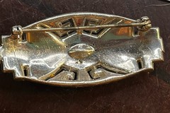Art Deco Blue Uranium Glow Clear Paste Brooch w/ Baguette & Pavé Rhinestones 2”
